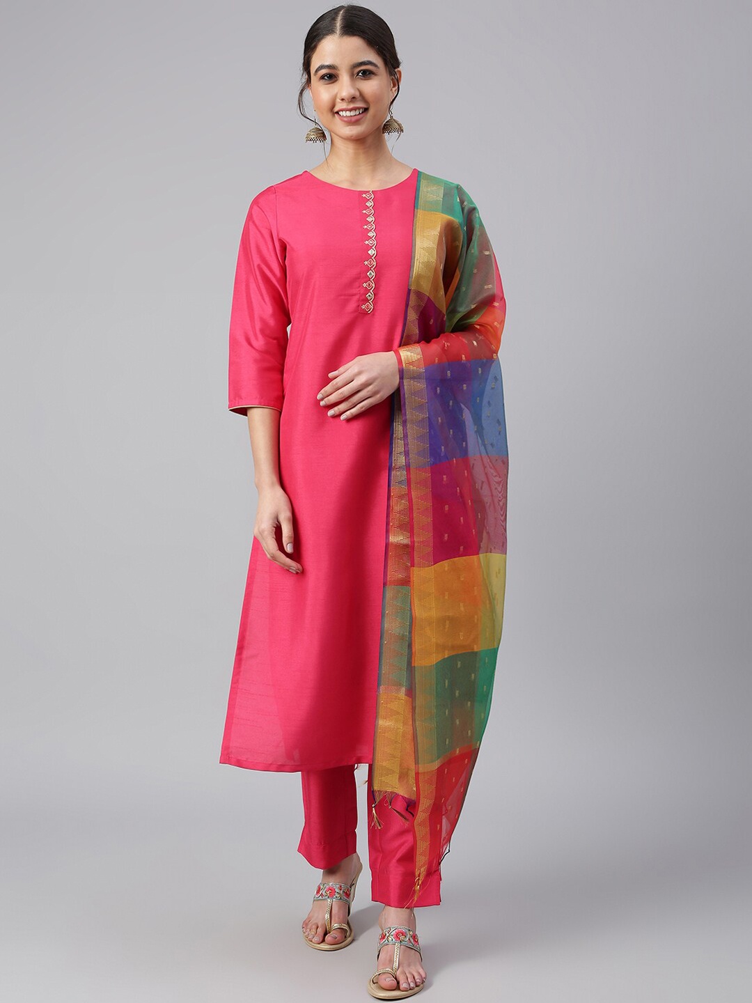 

Janasya Women Magenta Poly Silk Embellished Kurta with Pant and Dupatta