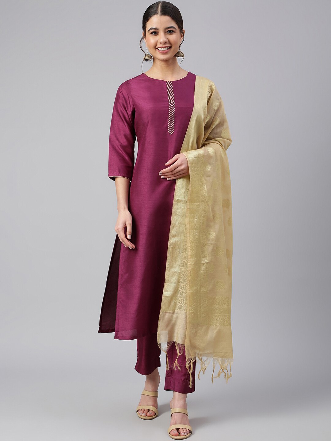 

Janasya Women Wine Poly Silk Embellished Kurta with Trousers and Dupatta, Maroon