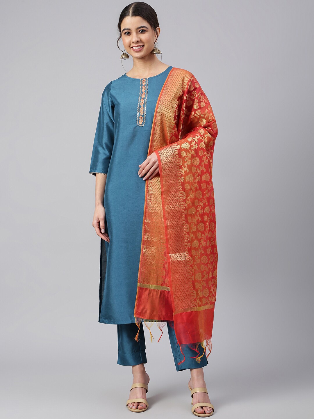 

Janasya Women Teal Poly Silk Embellished Kurta with Trousers and Dupatta