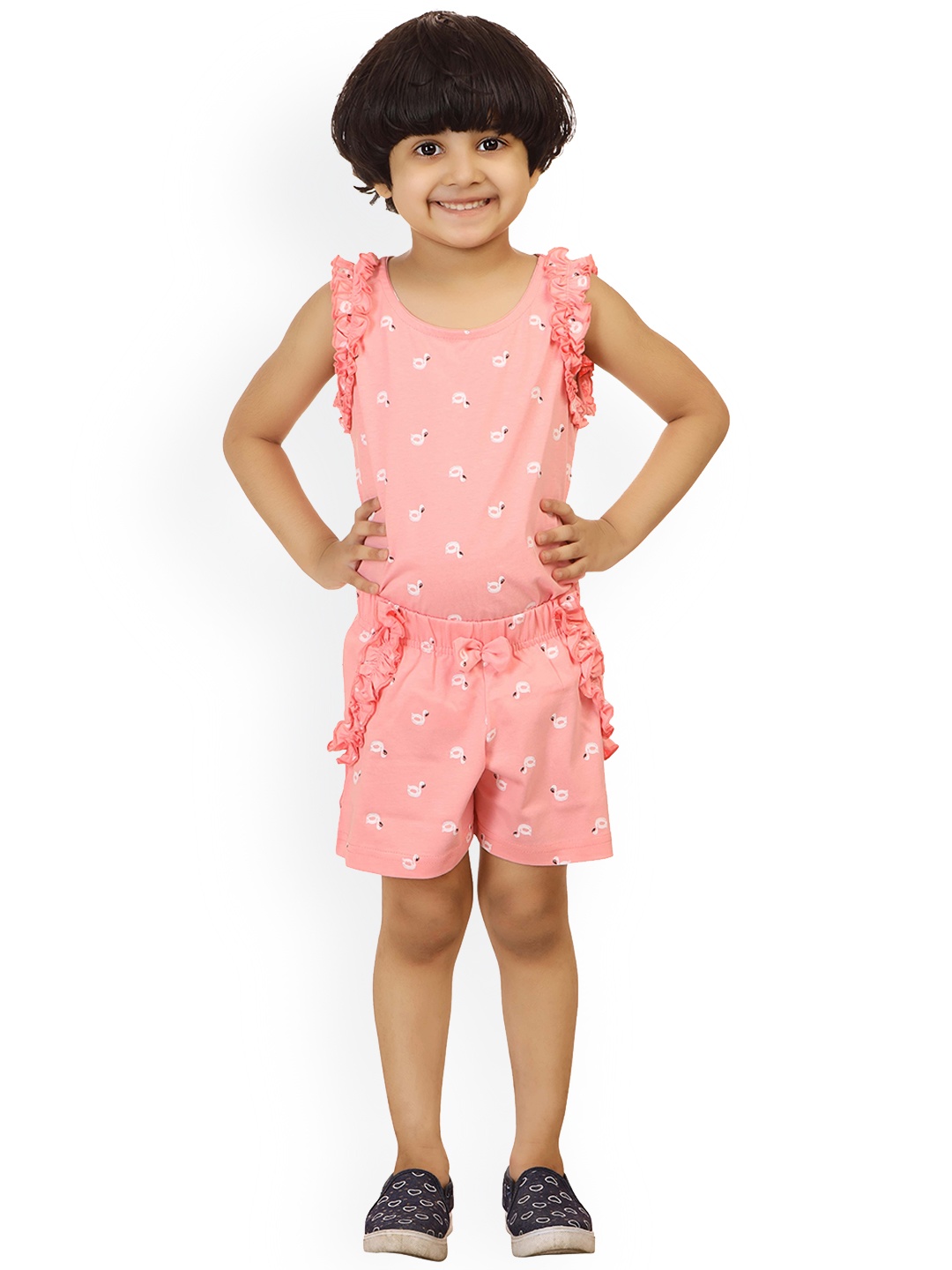 

minnow Girls Pink & White Printed Night suit
