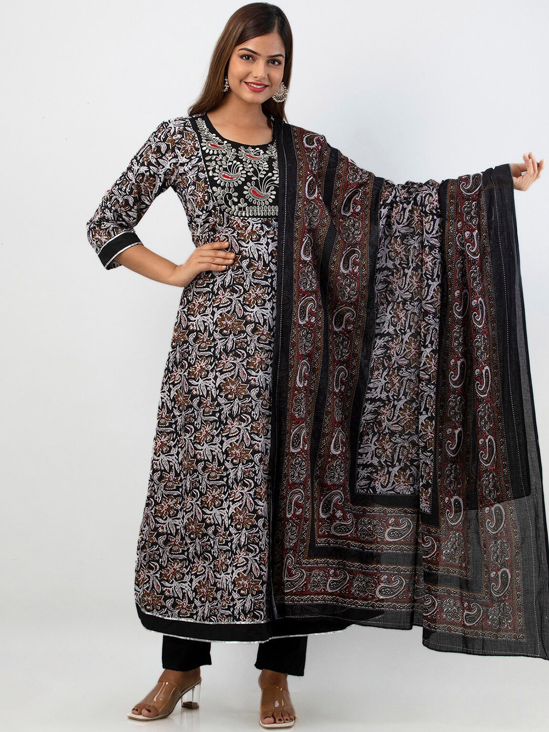 

KALINI Women Black Ethnic Motifs Printed Layered Gotta Patti Pure Cotton Kurta with Trousers & With Dupatta