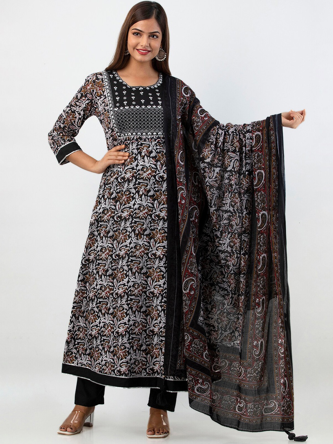 

KALINI Women Black Floral Pleated Gotta Patti Pure Cotton Kurti with Trousers
