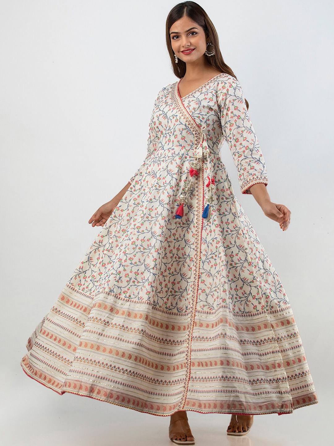 

KALINI Women White Floral Printed Flared Sleeves Mirror Work Floral Anarkali Kurta