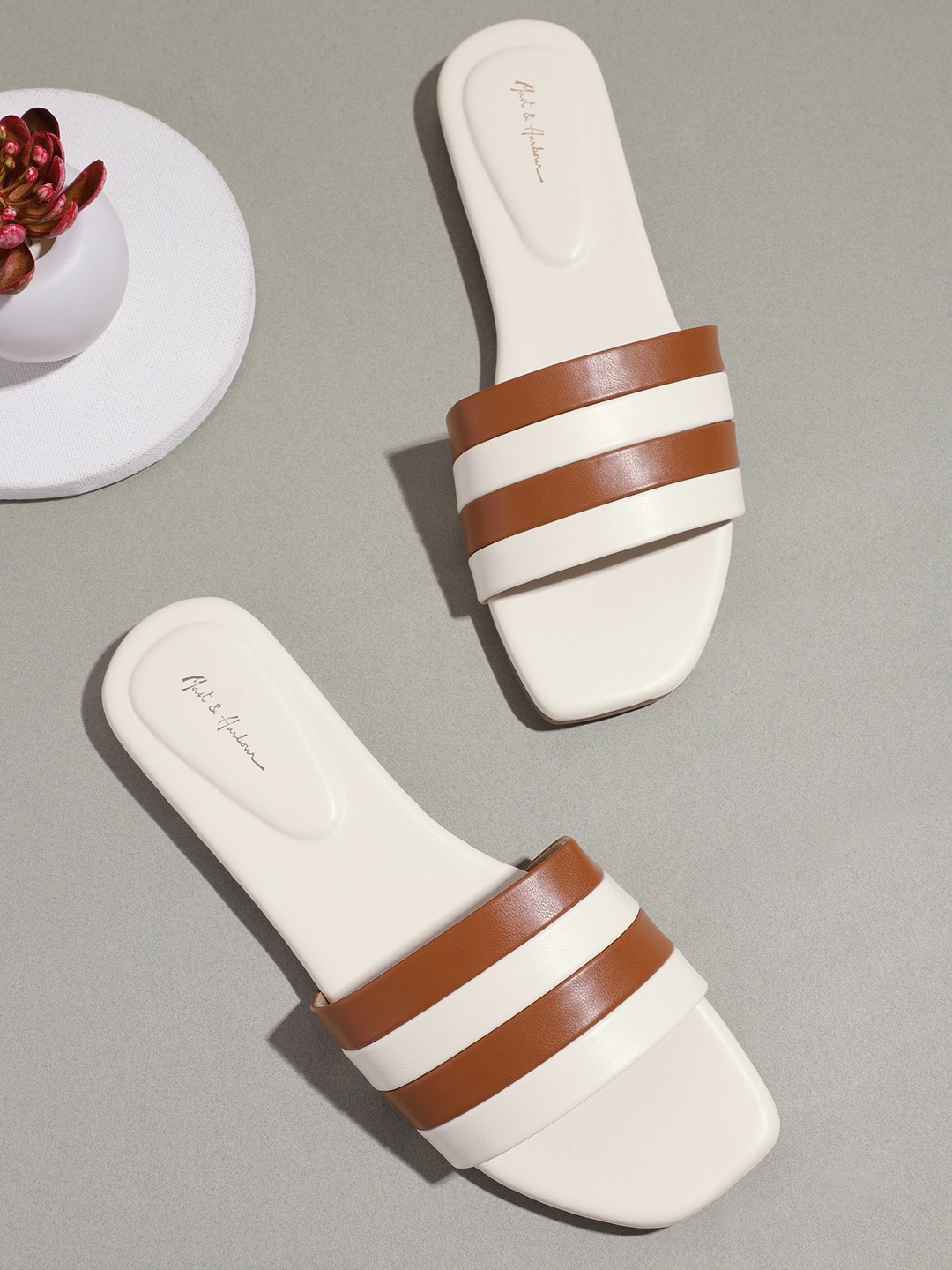 

Mast & Harbour Women Off White & Tan Brown Striped Open Toe Flats