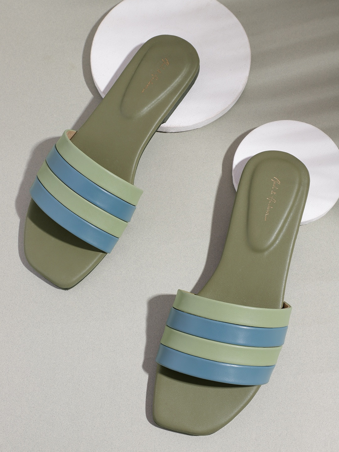 

Mast & Harbour Women Sage Green & Blue Striped Open Toe Flats