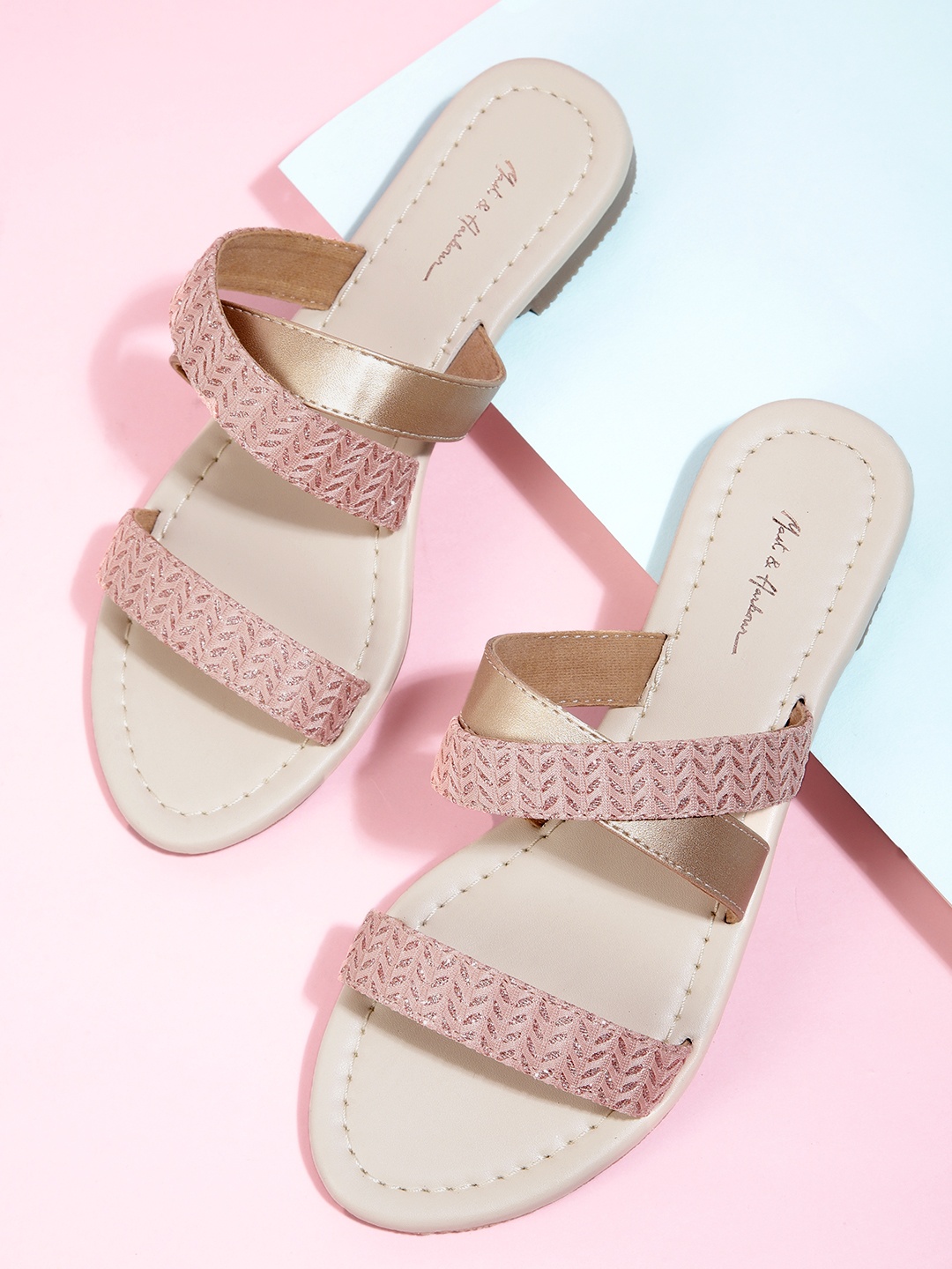 

Mast & Harbour Women Dusty Pink & Gold-Toned Textured Open Toe Flats, Rose