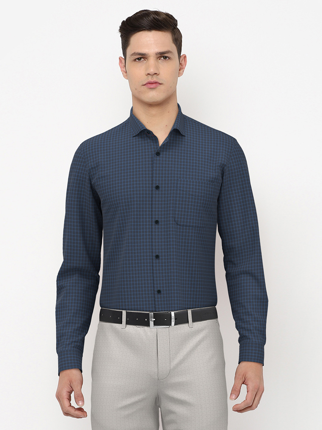 

Peter England Men Navy Blue Slim Fit Grid Tattersall Checks Checked Formal Shirt