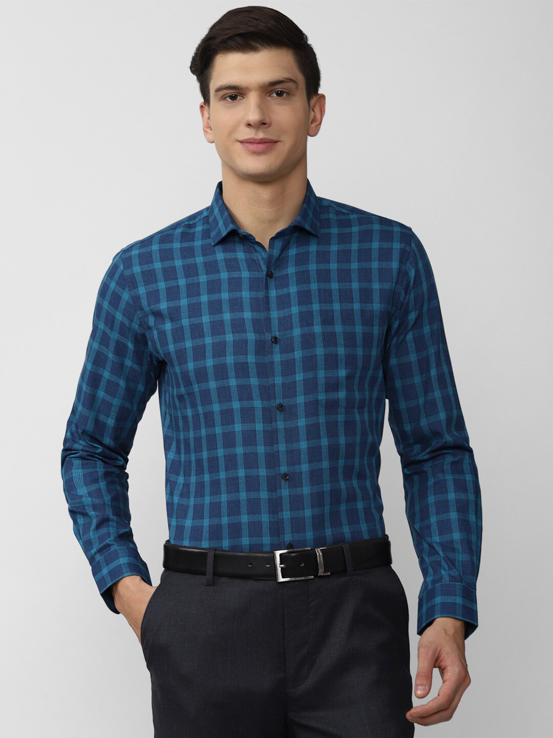 

Peter England Men Blue Slim Fit Tartan Checks Checked Formal Shirt