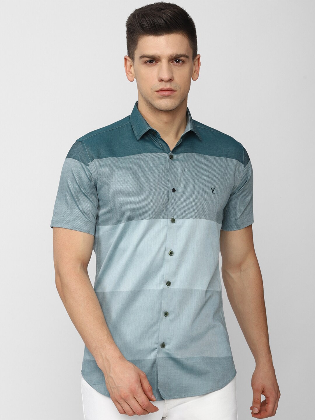

V Dot Men Green Slim Fit Colourblocked Casual Shirt