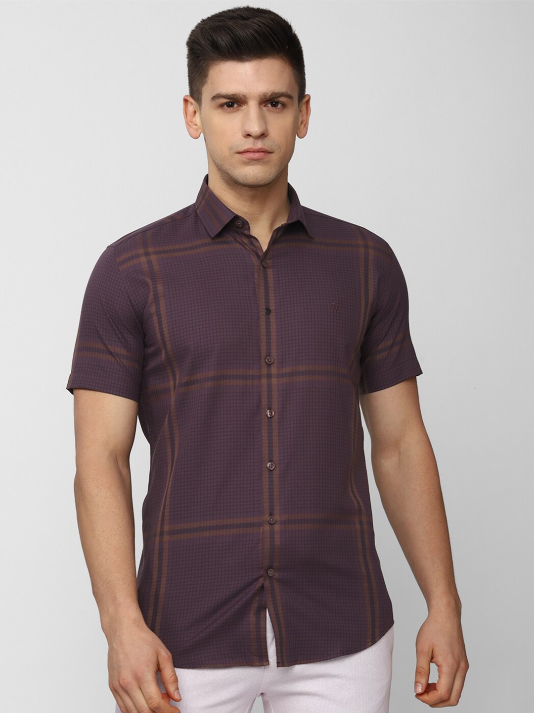 

V Dot Men Purple Slim Fit Windowpane Checks Checked Casual Shirt