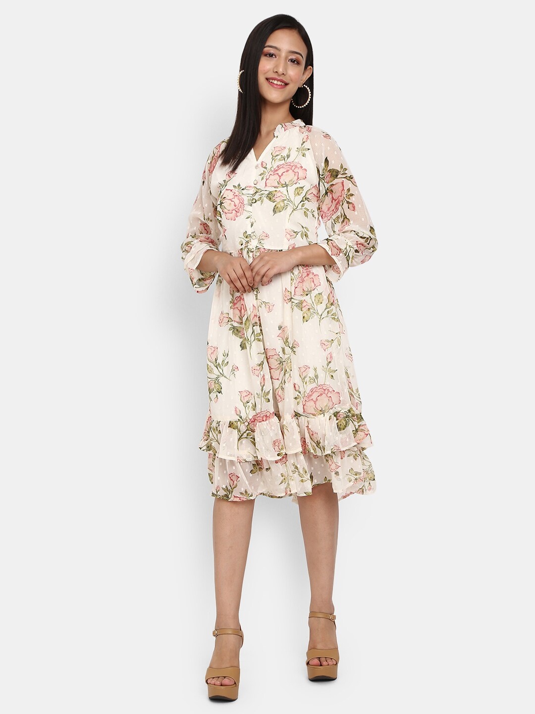 

V-Mart White Floral Satin Dress