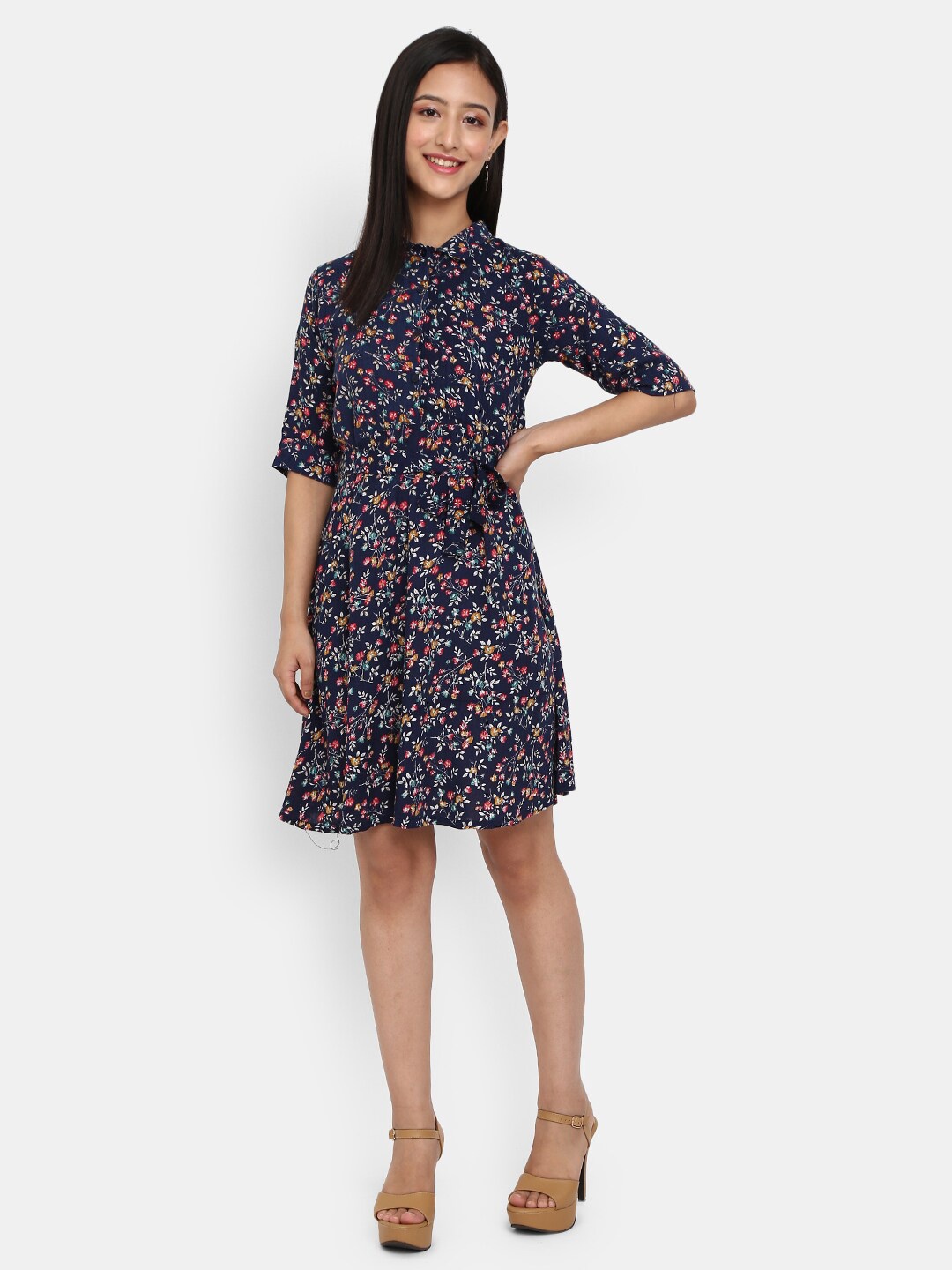 

V-Mart Navy Blue Floral Satin Dress