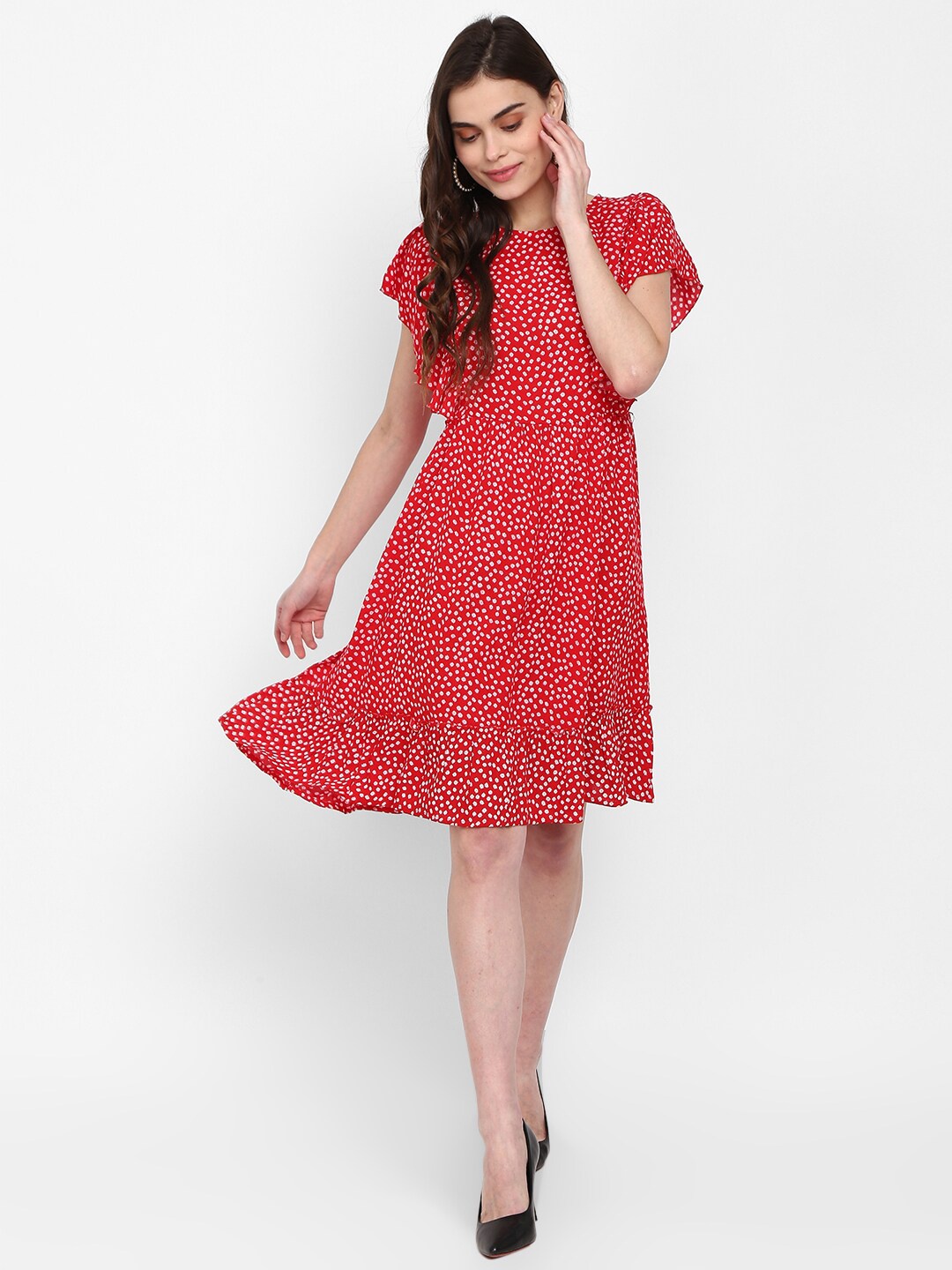 

V-Mart Red Floral Satin A-Line Dress