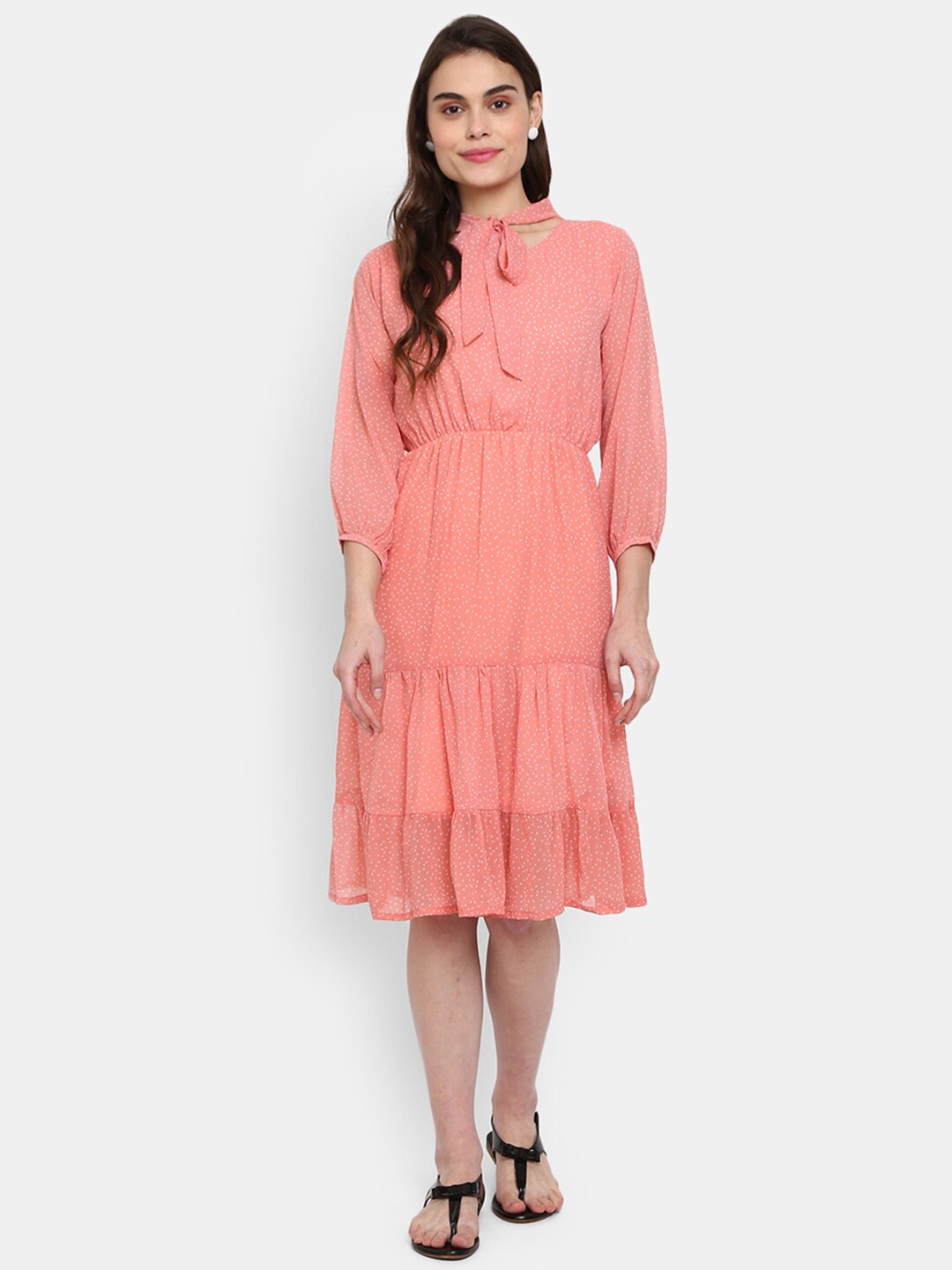 

V-Mart Peach-Coloured Tie-Up Neck Satin Dress