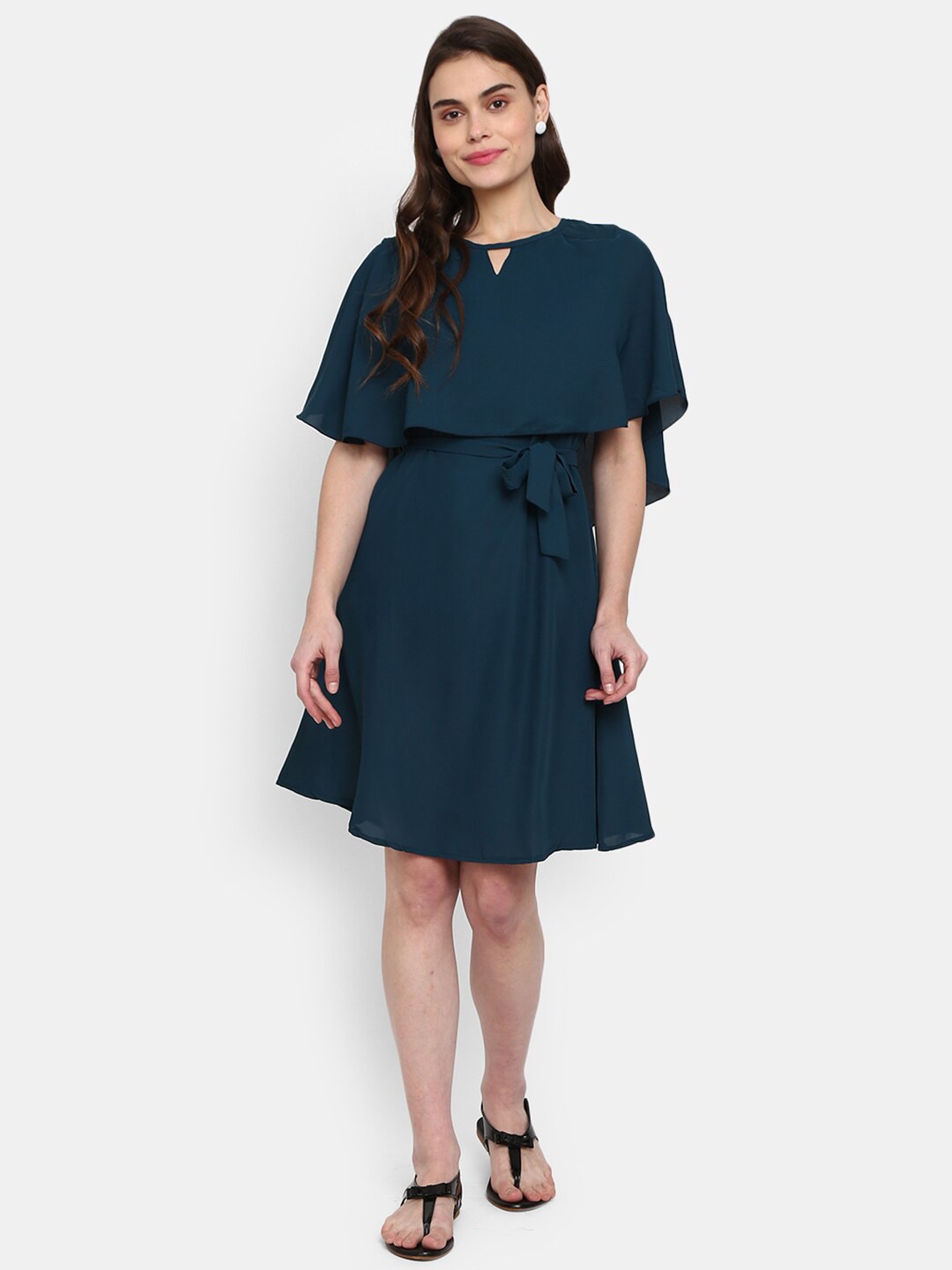 

V-Mart Teal Keyhole Neck Satin Dress