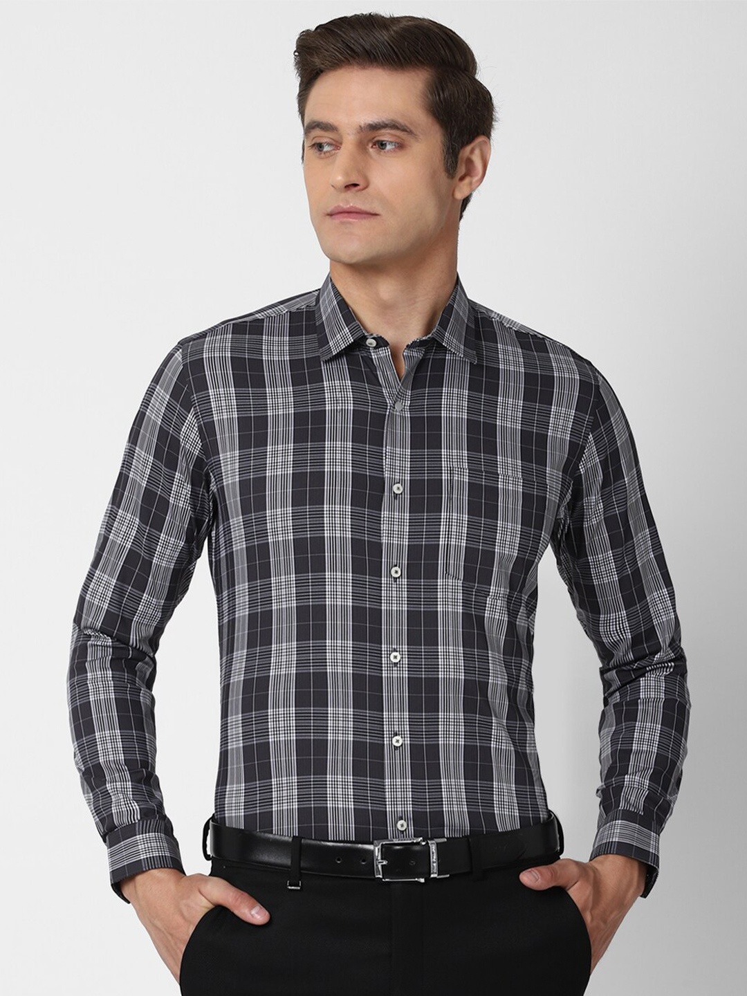 

Van Heusen Men Grey Slim Fit Tartan Checks Checked Formal Shirt
