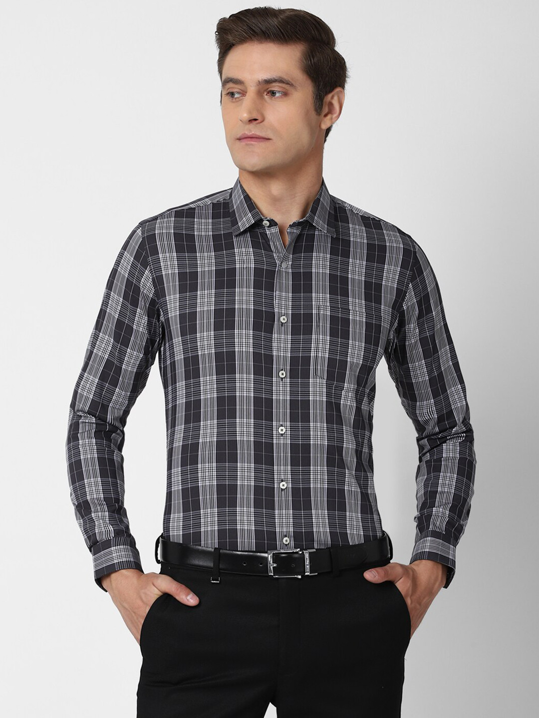 

Van Heusen Men Grey Slim Fit Tartan Checks Checked Formal Shirt