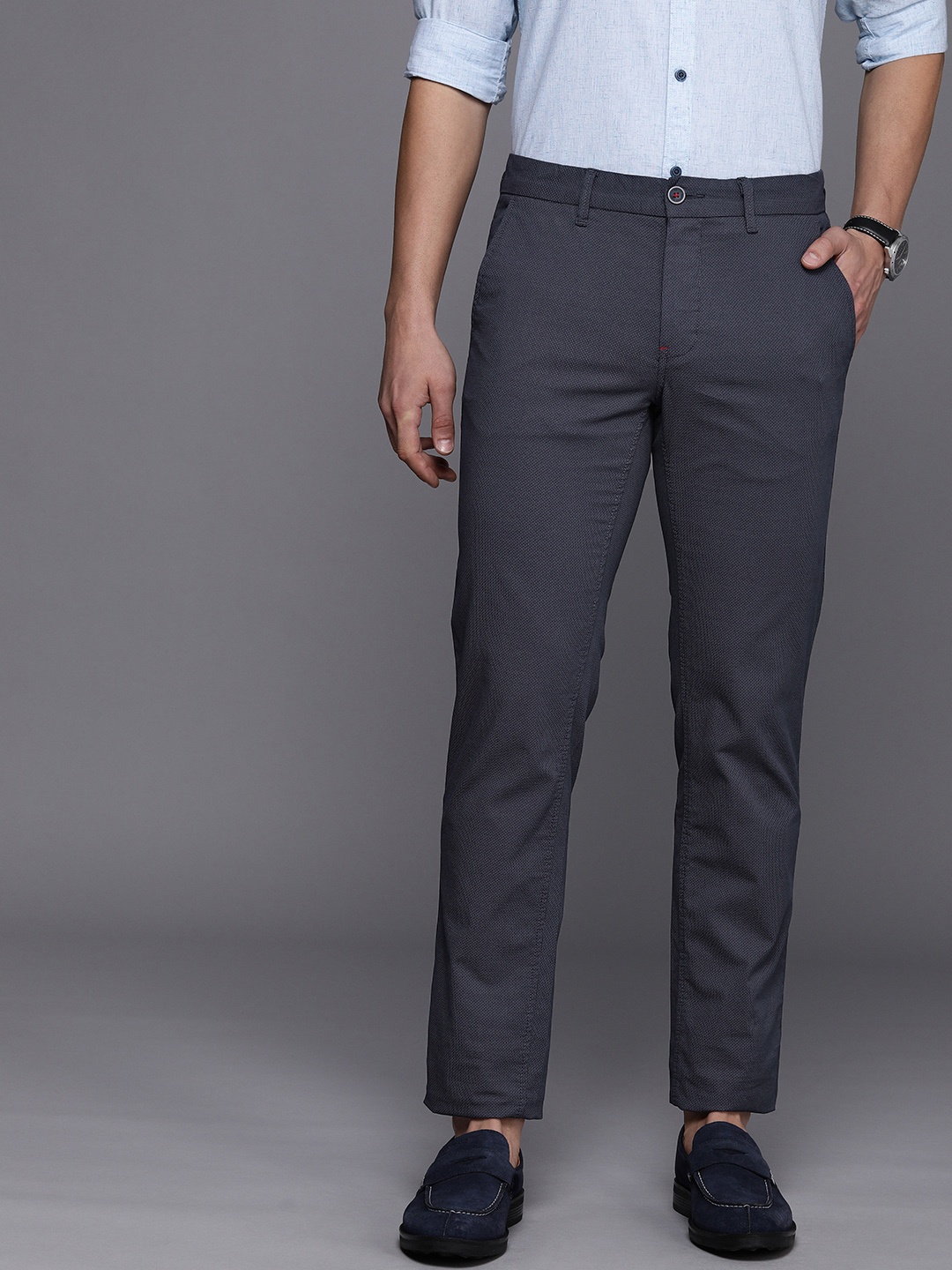 

Louis Philippe Sport Men Navy Blue Textured Slim Fit Trousers