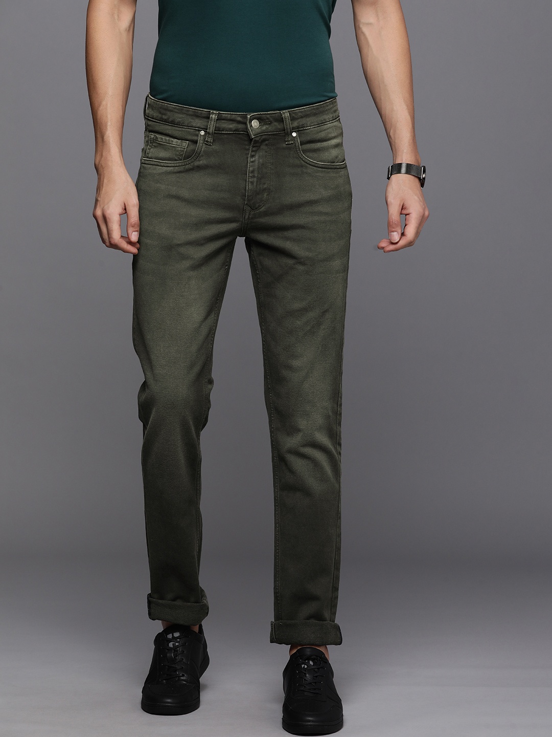 

Louis Philippe Jeans Men Green Matt Slim Fit Low-Rise Light Fade Stretchable Jeans, Olive