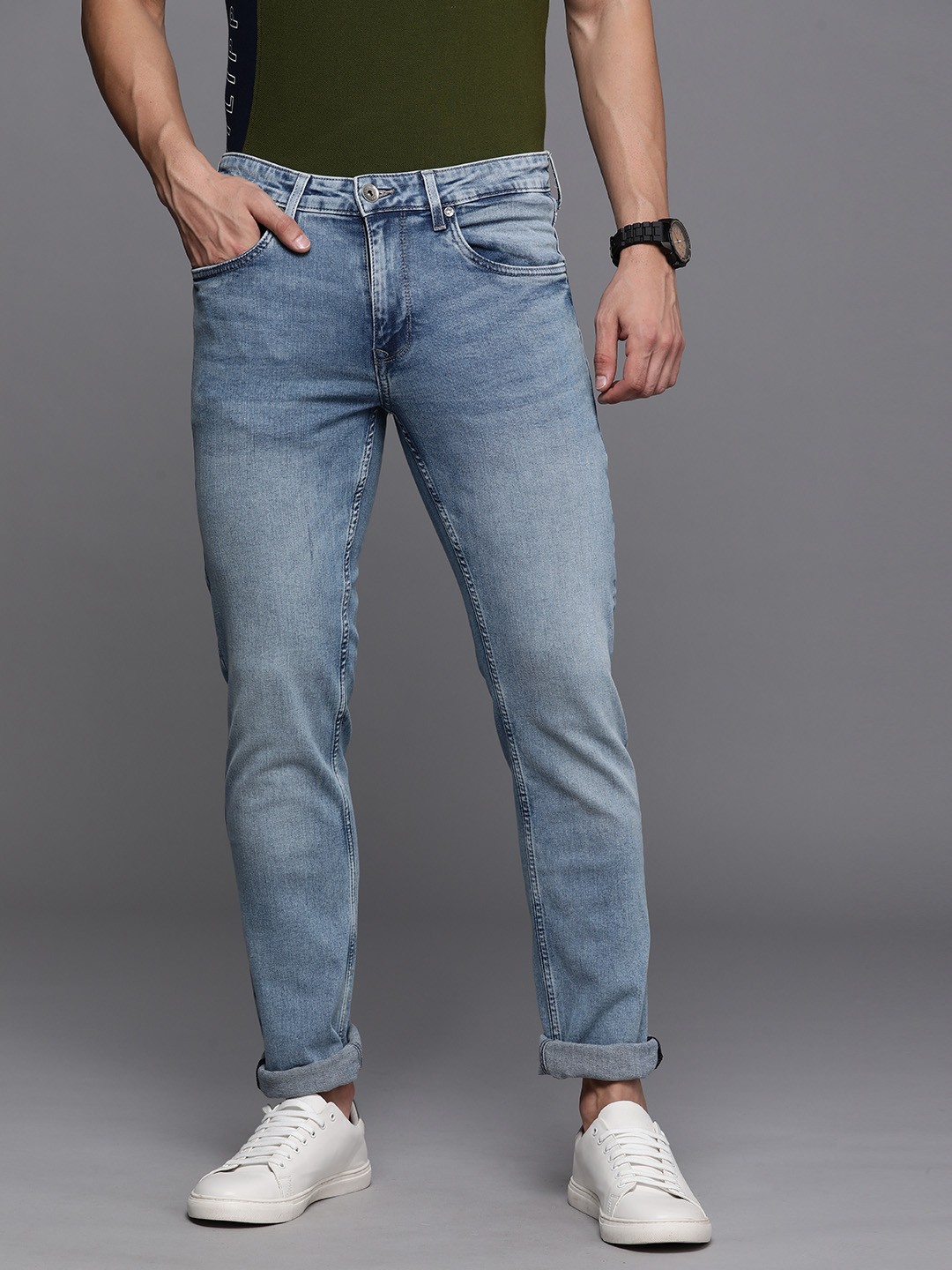 

Louis Philippe Jeans Men Blue Slim Fit Low-Rise Heavy Fade Stretchable Jeans