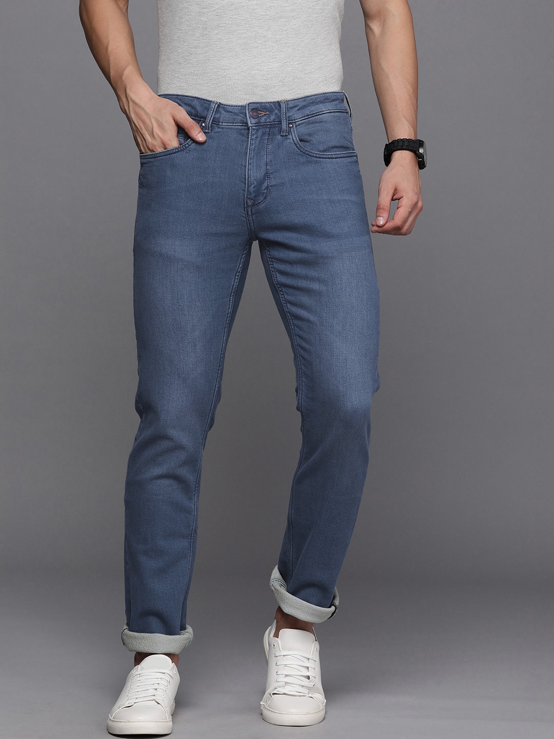 

Louis Philippe Jeans Men Blue Matt Slim Fit Low-Rise Light Fade Stretchable Jeans