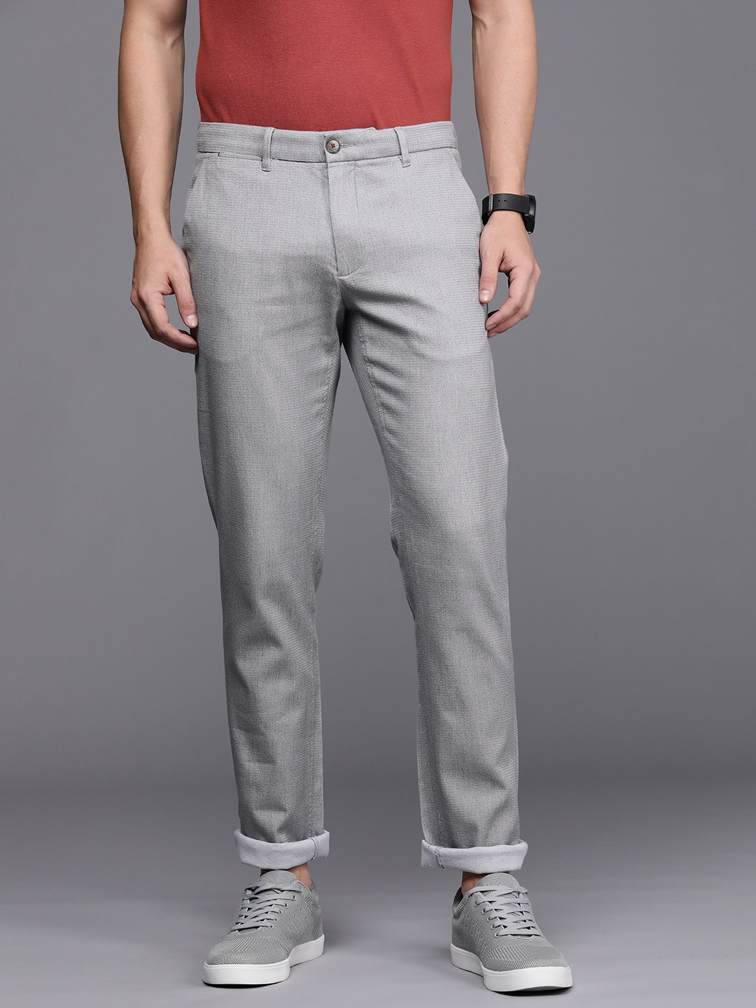 

Louis Philippe Sport Men Grey Melange Textured Slim Fit Low-Rise Trousers