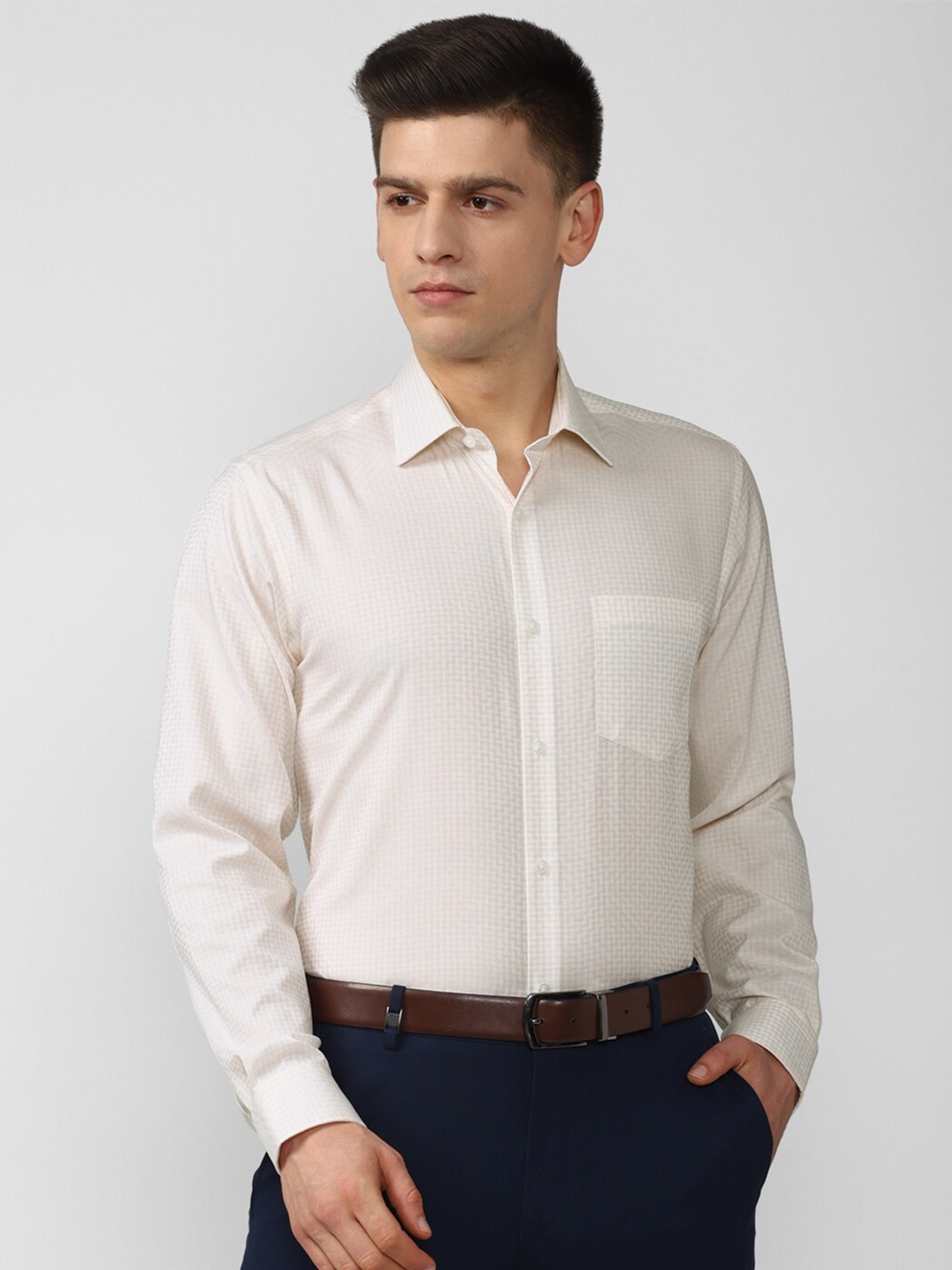 

Van Heusen Men Cream-Coloured Checked Formal Shirt