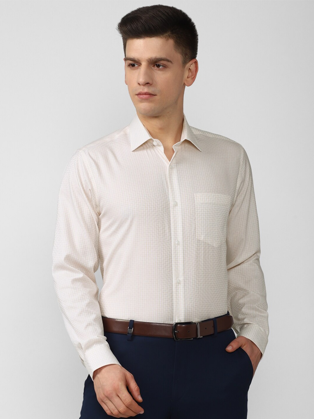 

Van Heusen Men Cream-Coloured Checked Formal Shirt