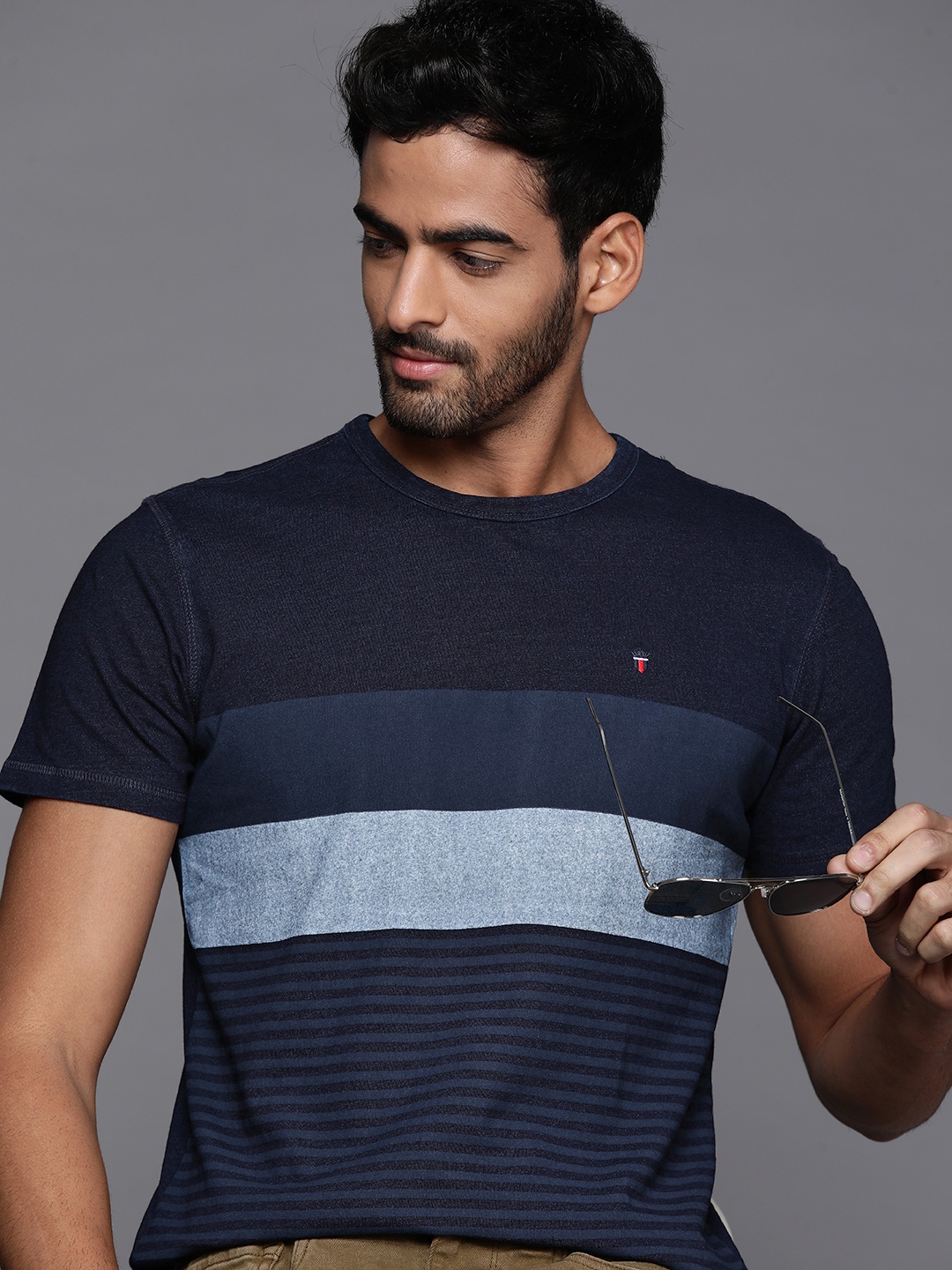 

Louis Philippe Jeans Men Navy Blue Striped Indigo Pure Cotton T-shirt