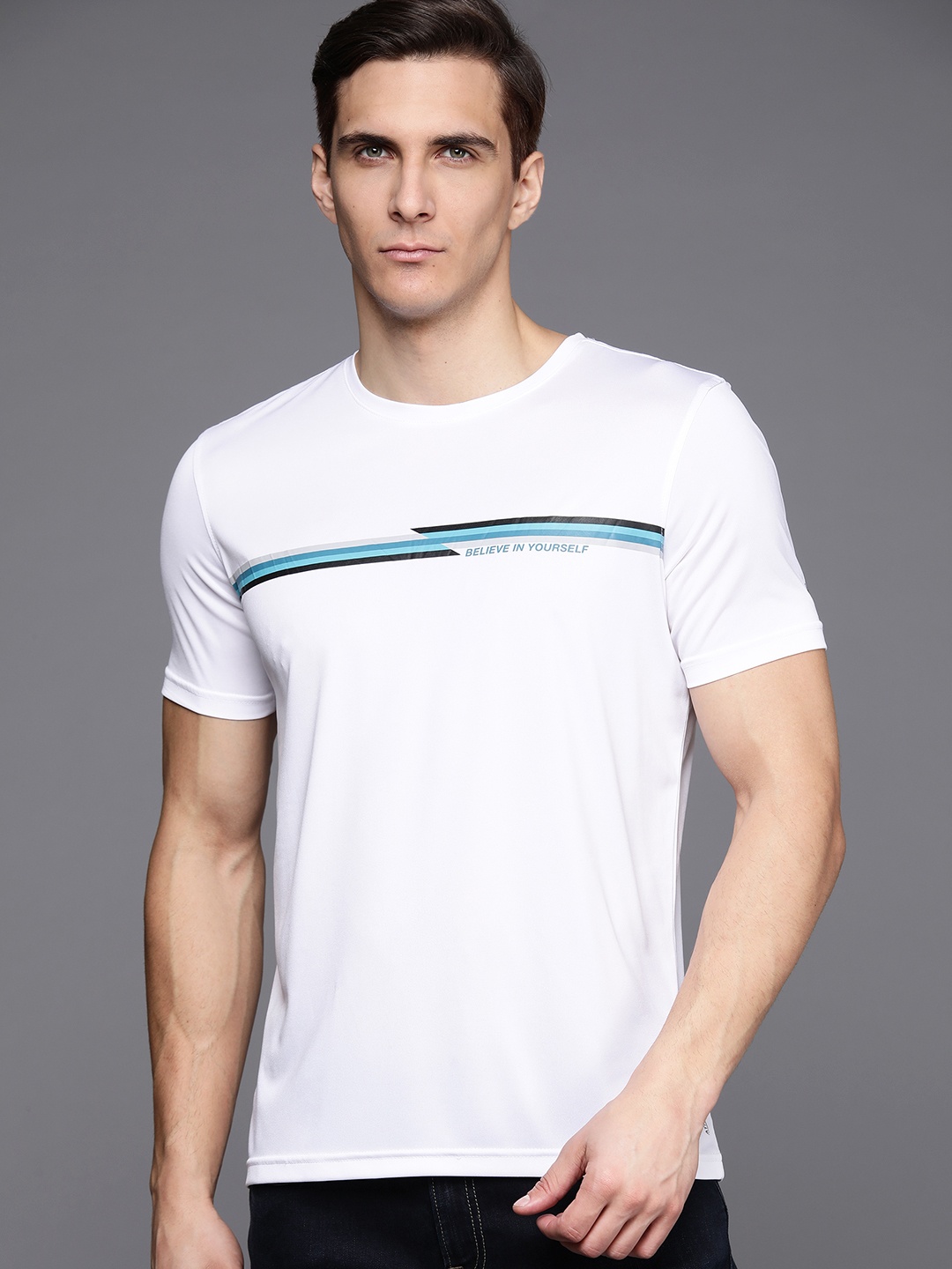 

Louis Philippe ATHPLAY Men White Striped Knitted T-shirt