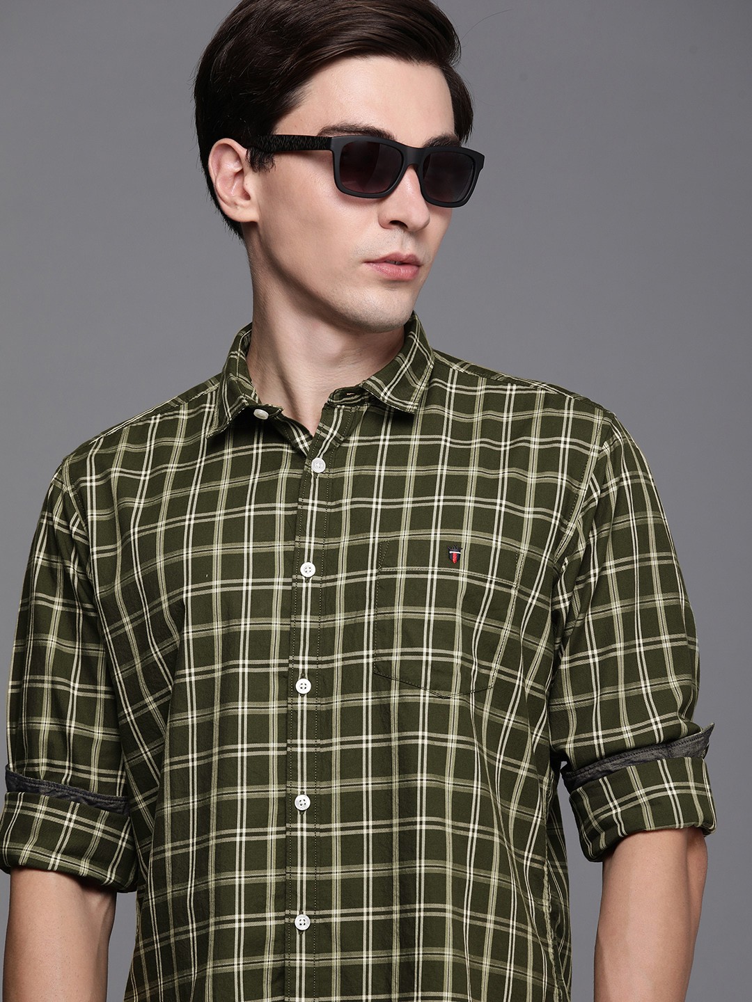 

Louis Philippe Jeans Men Olive Green Slim Fit Checked Casual Pure Cotton Shirt