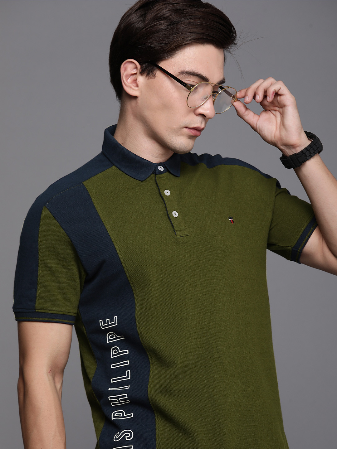 

Louis Philippe Jeans Men Olive Green & Navy Blue Typography Printed Polo Collar T-shirt