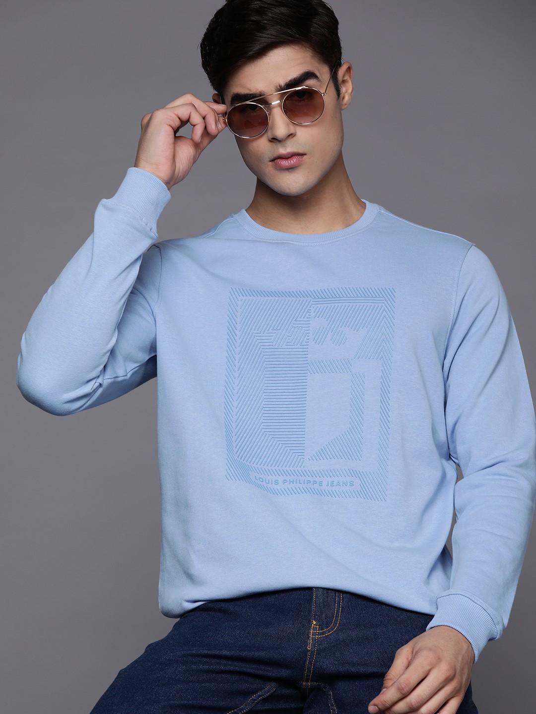 

Louis Philippe Jeans Men Blue Embossed Print Sweatshirt
