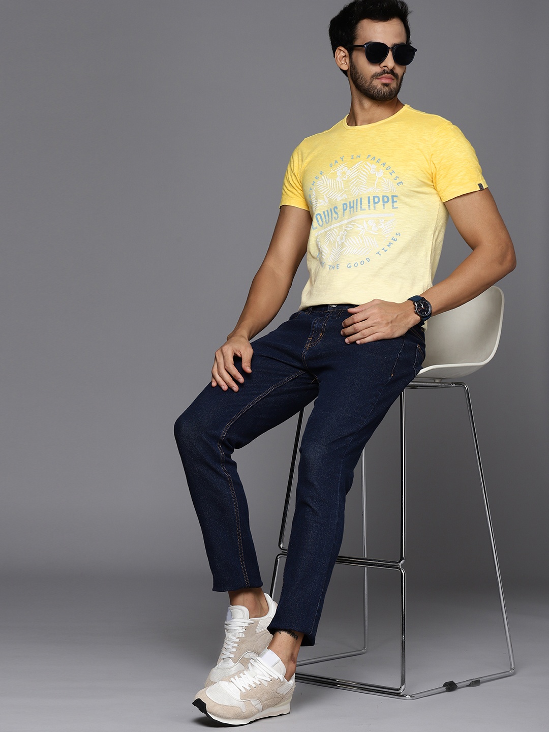 

Louis Philippe Jeans Men Yellow & Blue Brand Logo Print Pure Cotton T-shirt