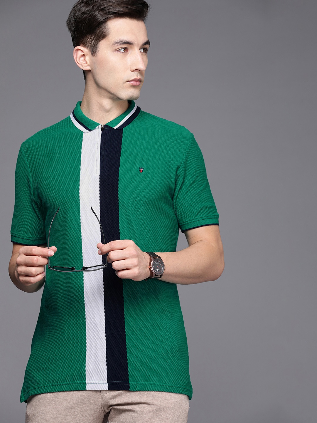 

Louis Philippe Sport Men Green & White Striped Polo Collar Pure Cotton Slim Fit T-shirt