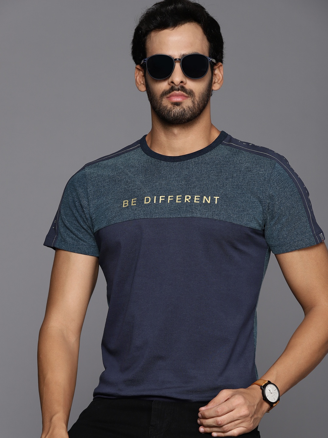 

Louis Philippe Jeans Men Navy Blue Colourblocked Pure Cotton T-shirt