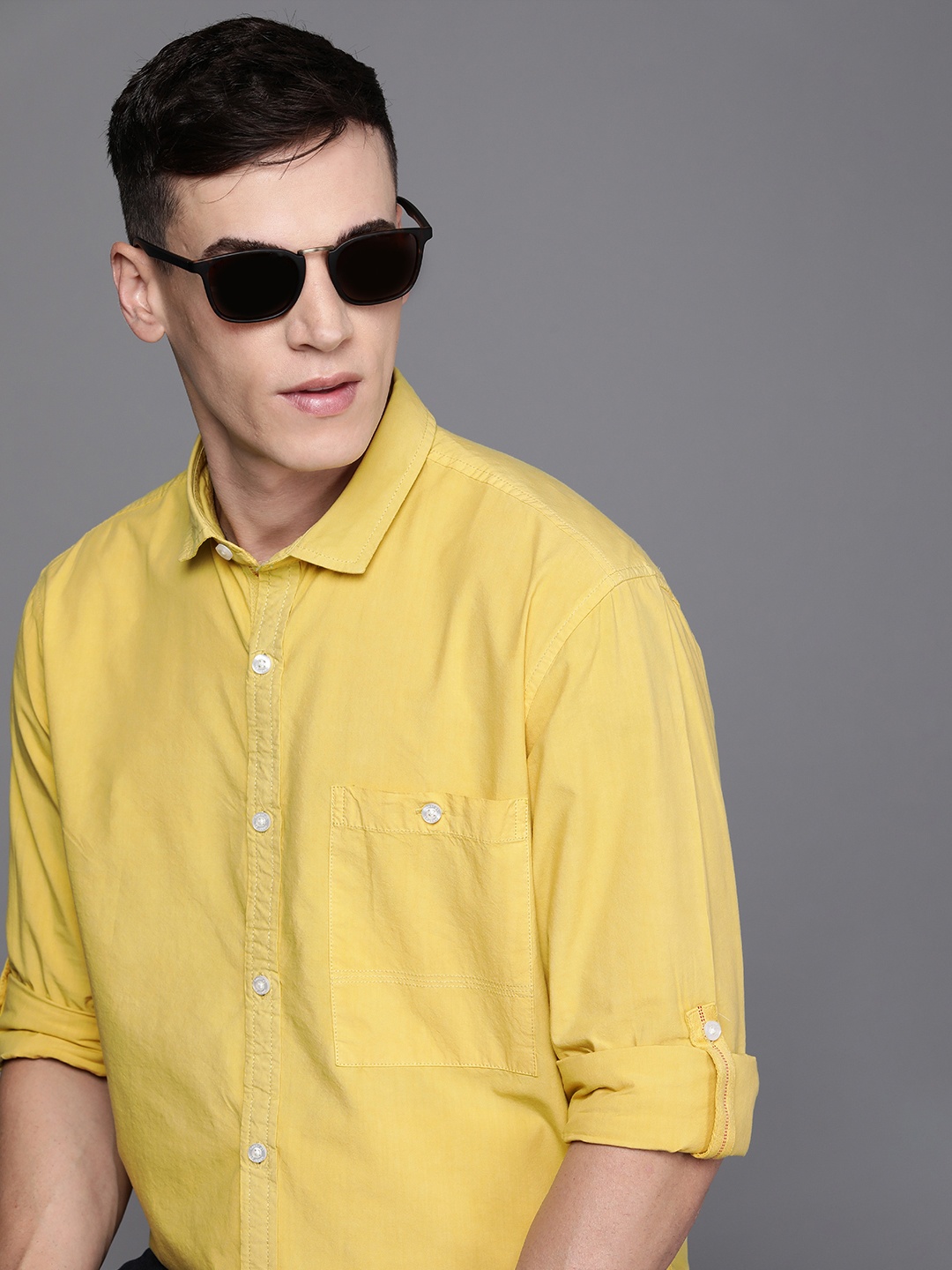 

Louis Philippe Jeans Men Roll-Up Sleeves Slim Fit Casual Shirt, Yellow