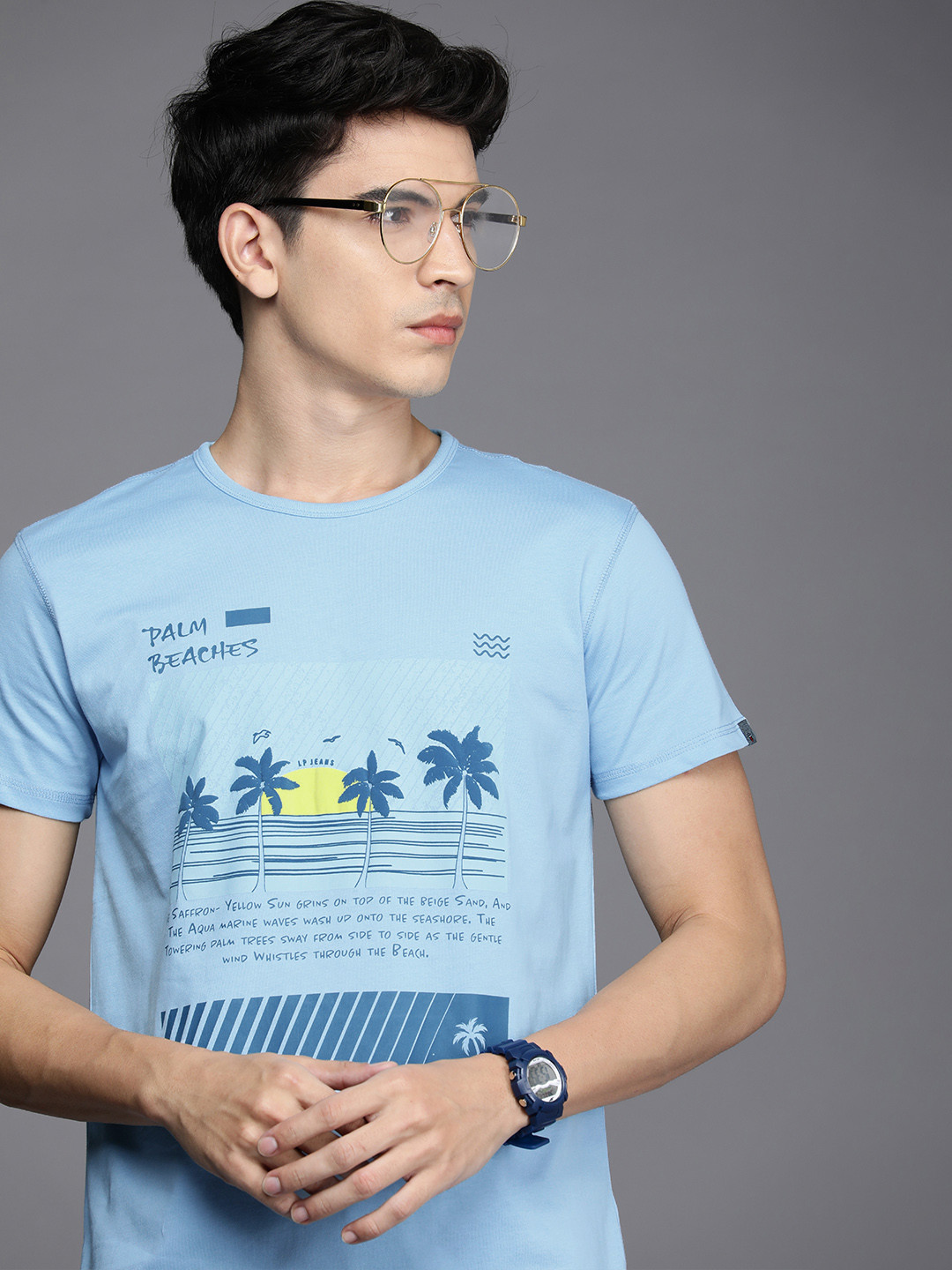 

Louis Philippe Jeans Men Blue Printed Tropical Pure Cotton Slim Fit T-shirt