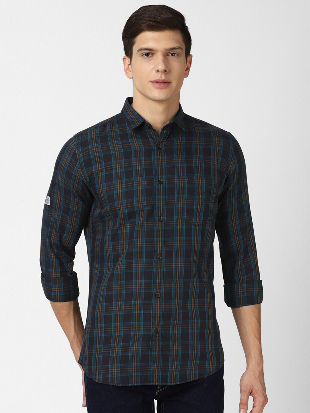 

VAN HEUSEN DENIM LABS Men Green Slim Fit Tartan Checks Checked Casual Shirt