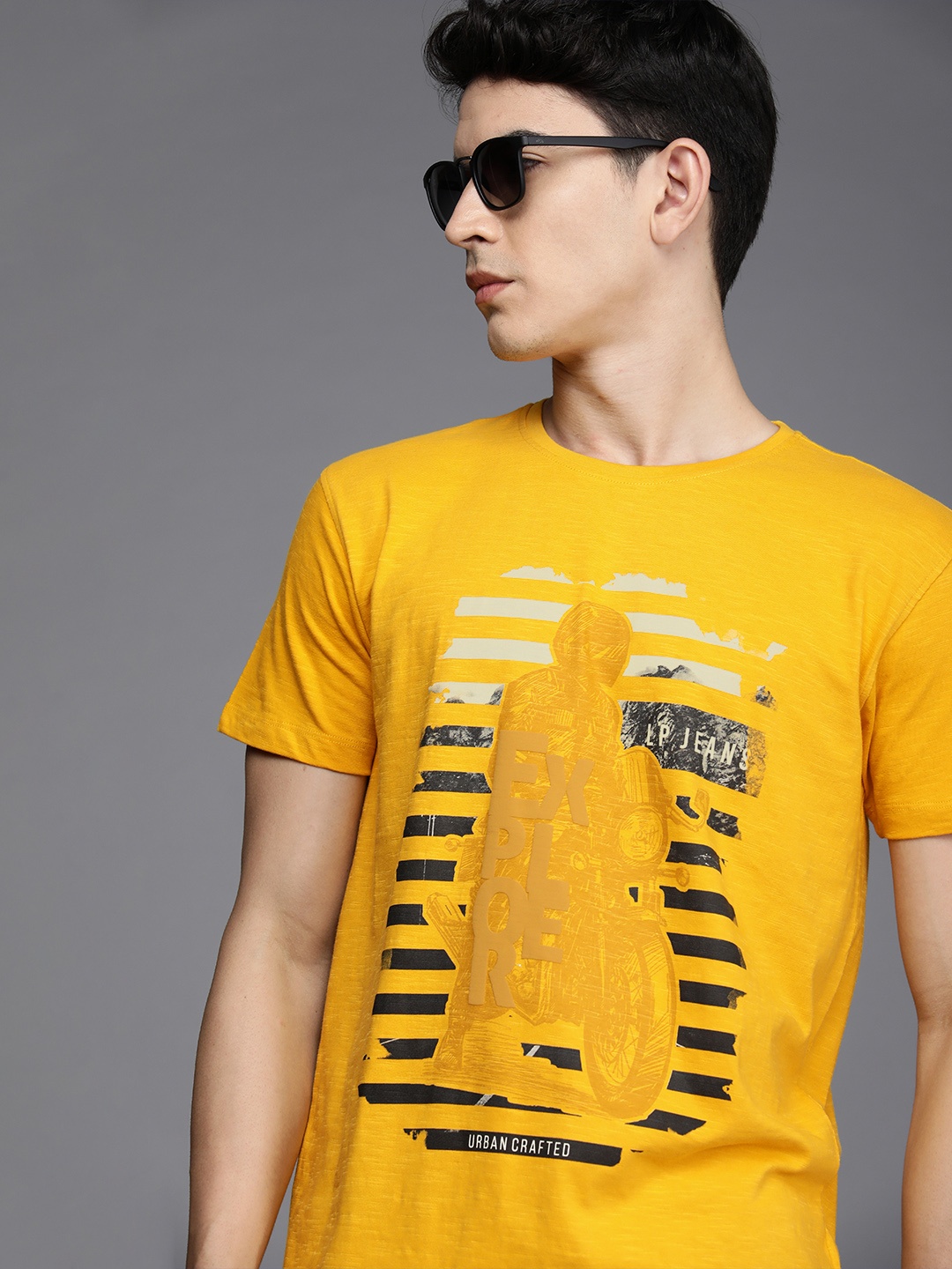 

Louis Philippe Jeans Men Yellow Graphic Printed Pure Cotton Applique Slim Fit T-shirt