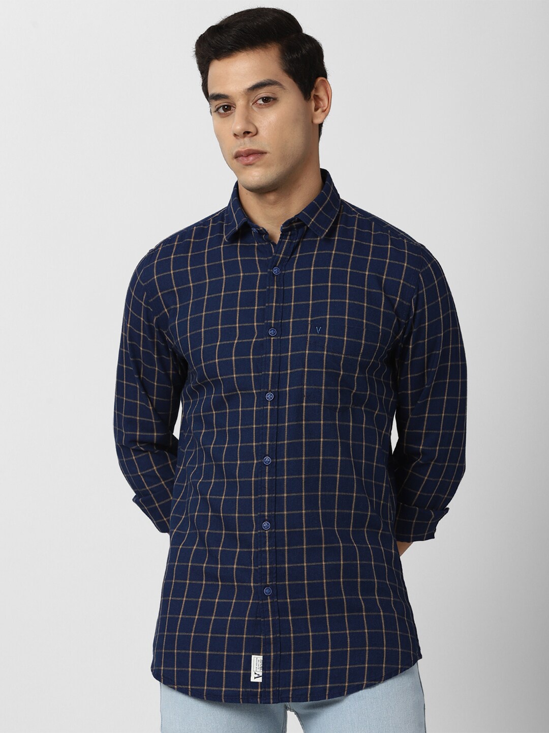 

VAN HEUSEN DENIM LABS Men Navy Blue Slim Fit Grid Tattersall Checks Checked Casual Shirt