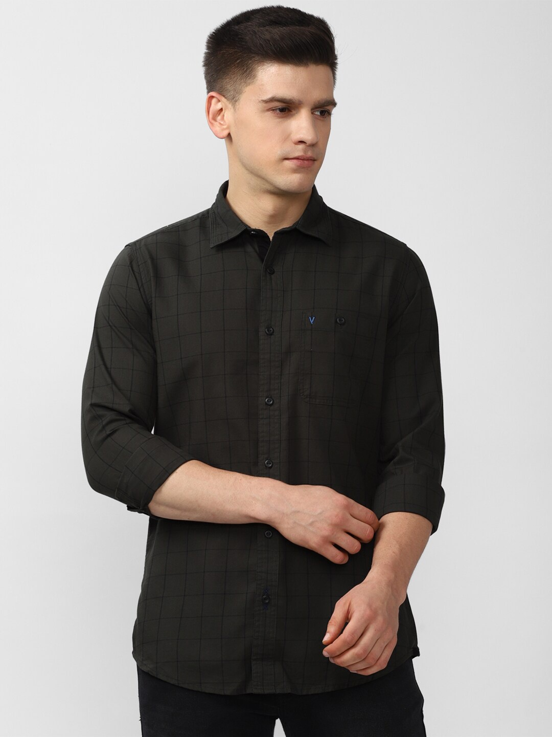 

VAN HEUSEN DENIM LABS Men Olive Green Slim Fit Grid Tattersall Checks Checked Casual Shirt