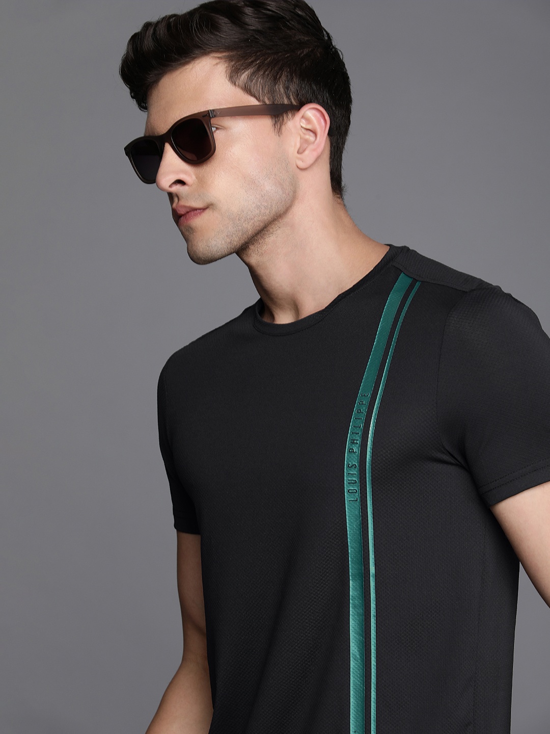 

Louis Philippe Ath .Work Men Black Brand Logo Stripe Detail Slim Fit Casual T-shirt