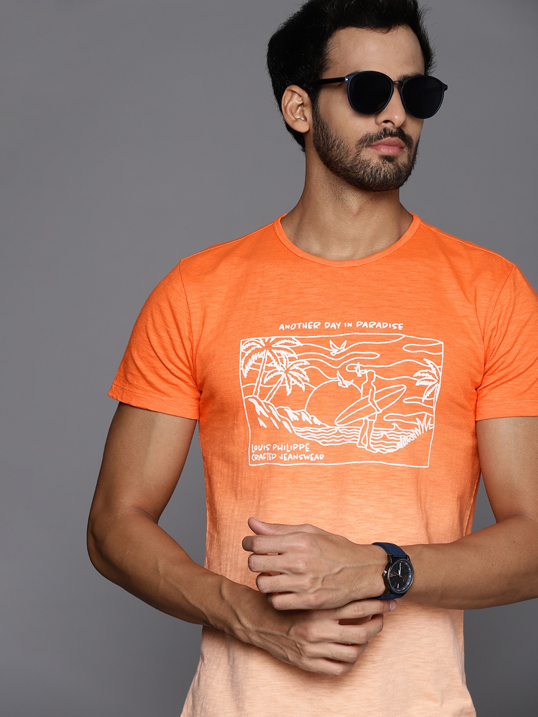 

Louis Philippe Jeans Men Orange & Peach-Coloured Printed Pure Cotton T-shirt