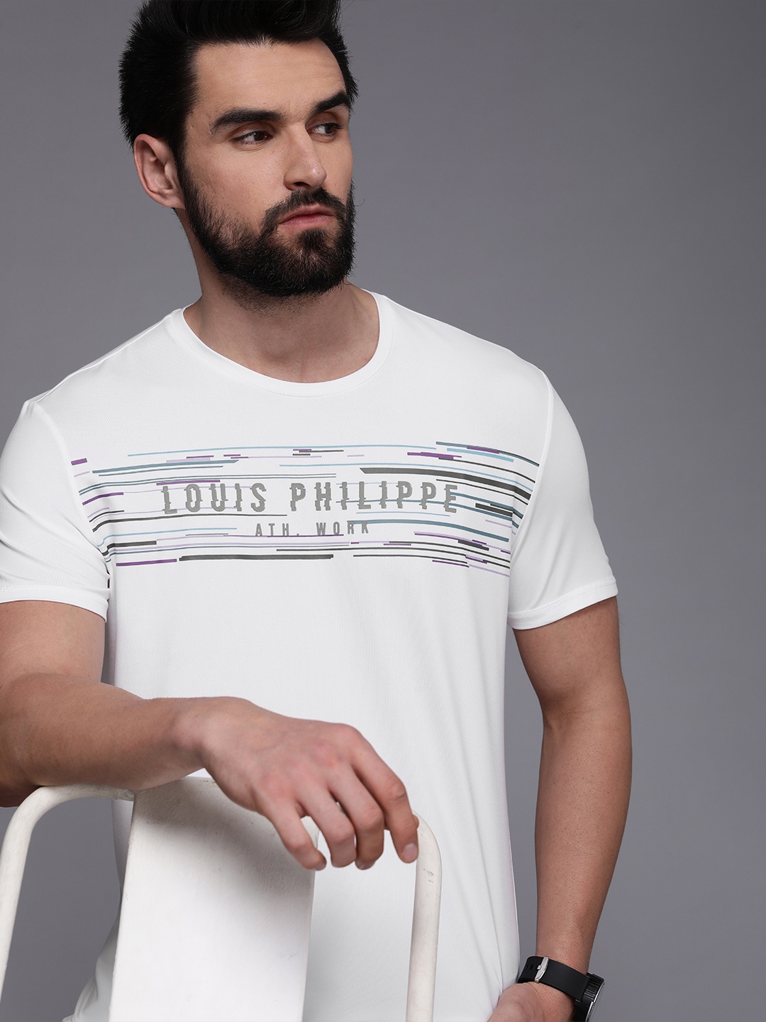 

Louis Philippe Ath Work Men White Brand Logo Printed Applique Slim Fit T-shirt
