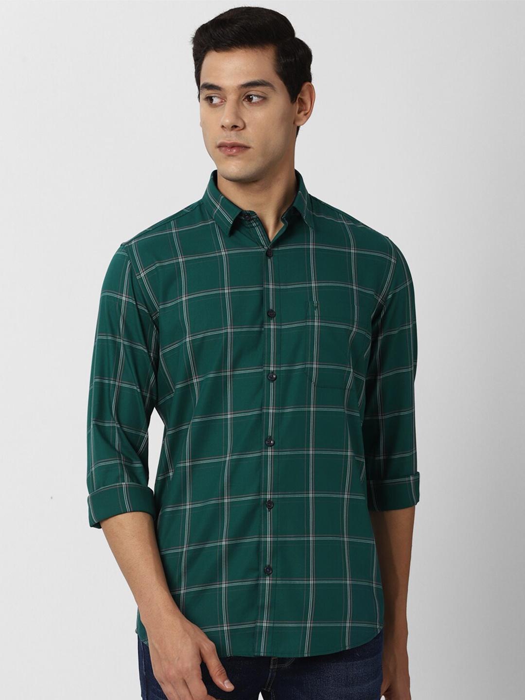 

Van Heusen Sport Men Green Slim Fit Windowpane Checks Checked Casual Shirt