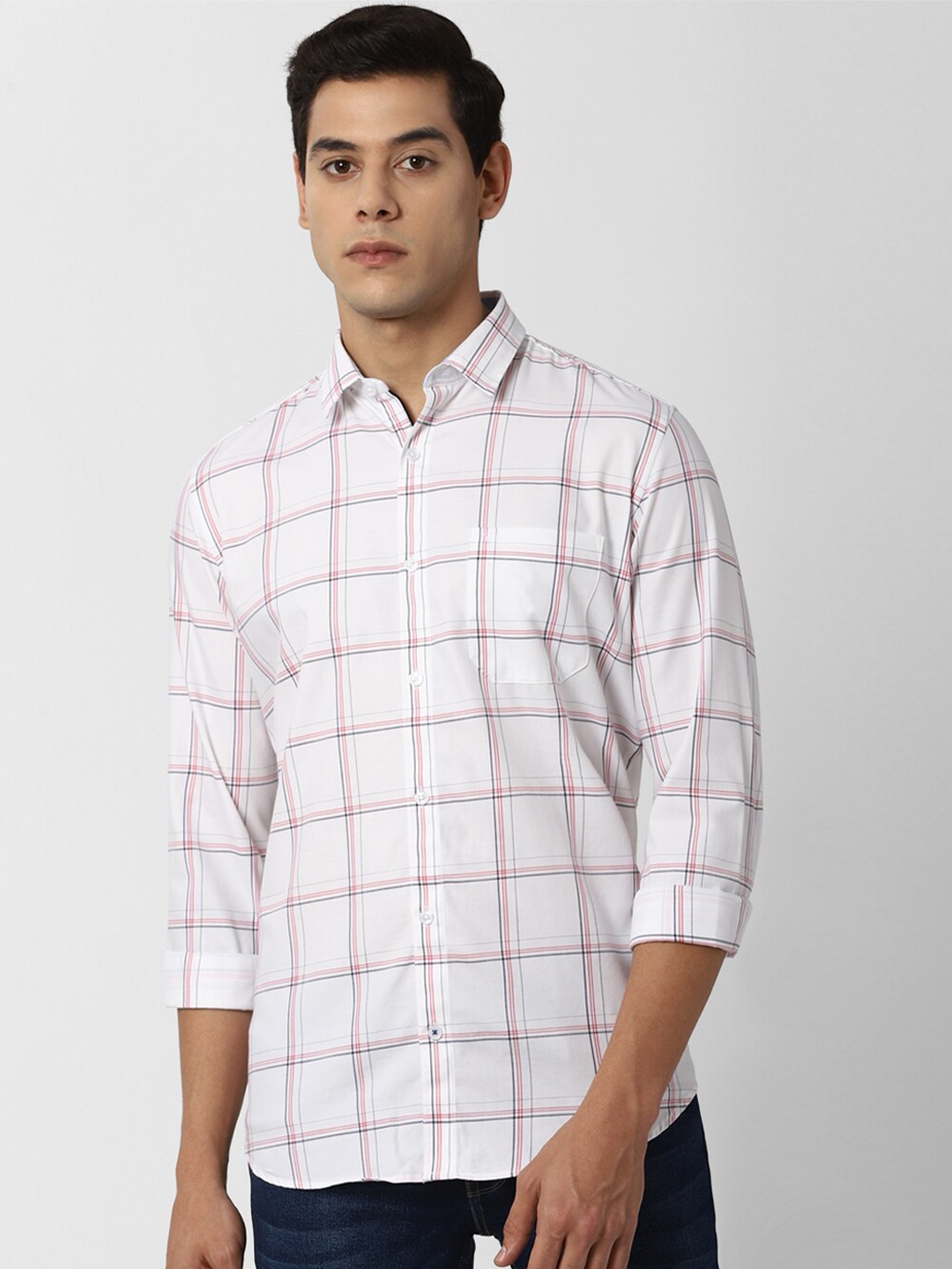 

Van Heusen Sport Men White Slim Fit Windowpane Checks Checked Casual Shirt