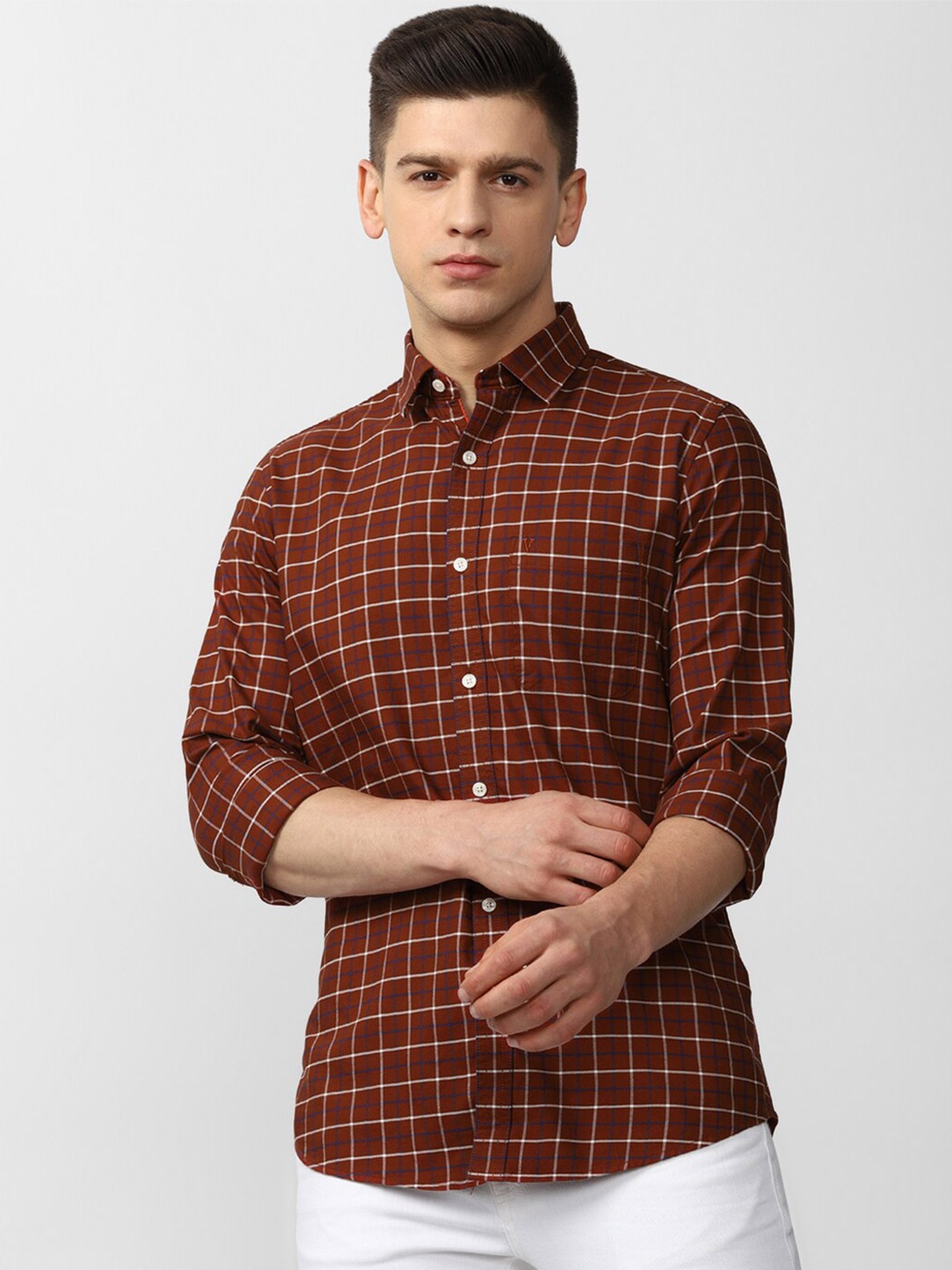 

Van Heusen Sport Men Orange Slim Fit Windowpane Checks Checked Casual Shirt