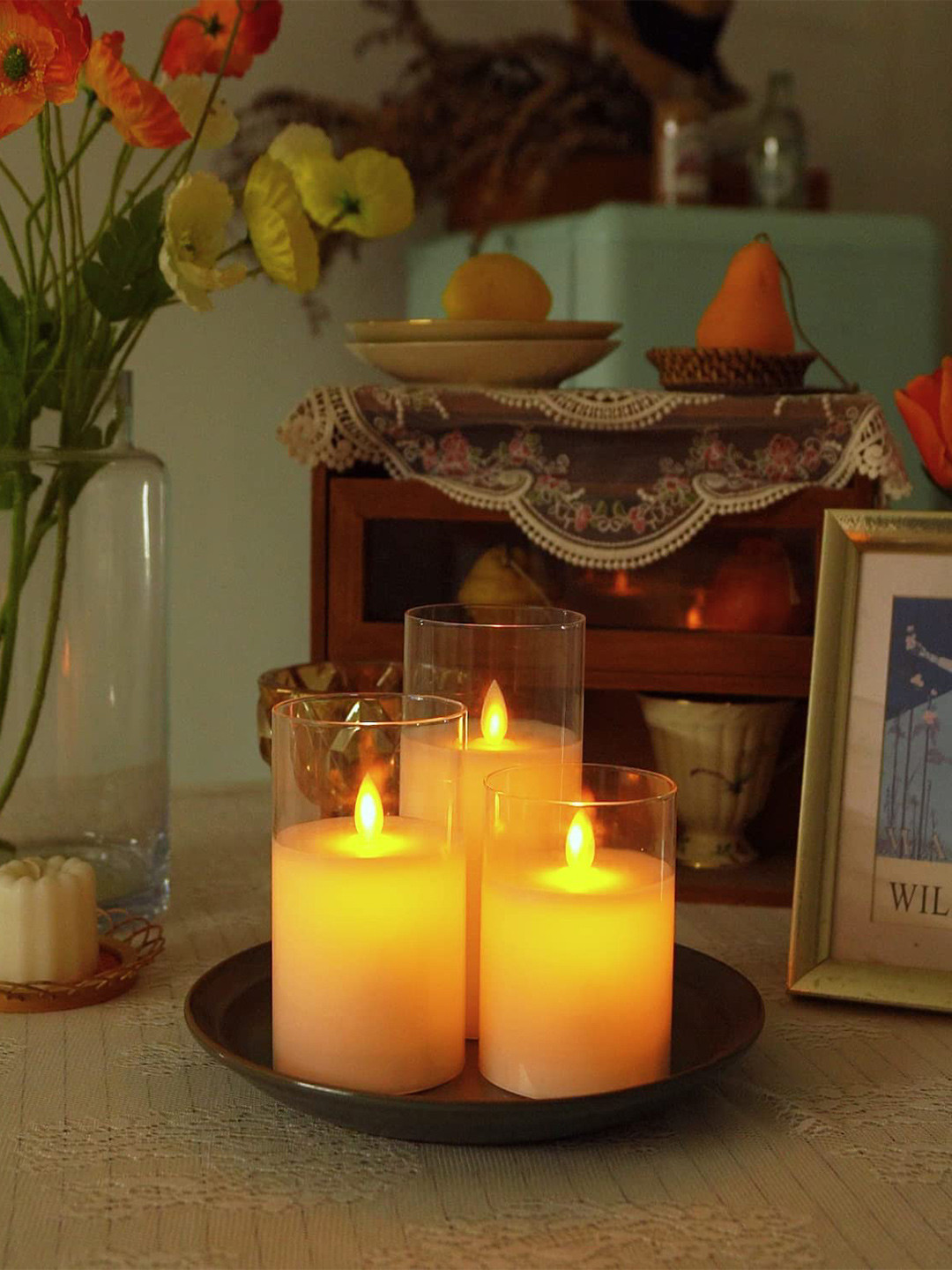 

XERGY Pack of 3 Battery Operated Flameless LED Candles with 10-Key Remote and Timer, Off white
