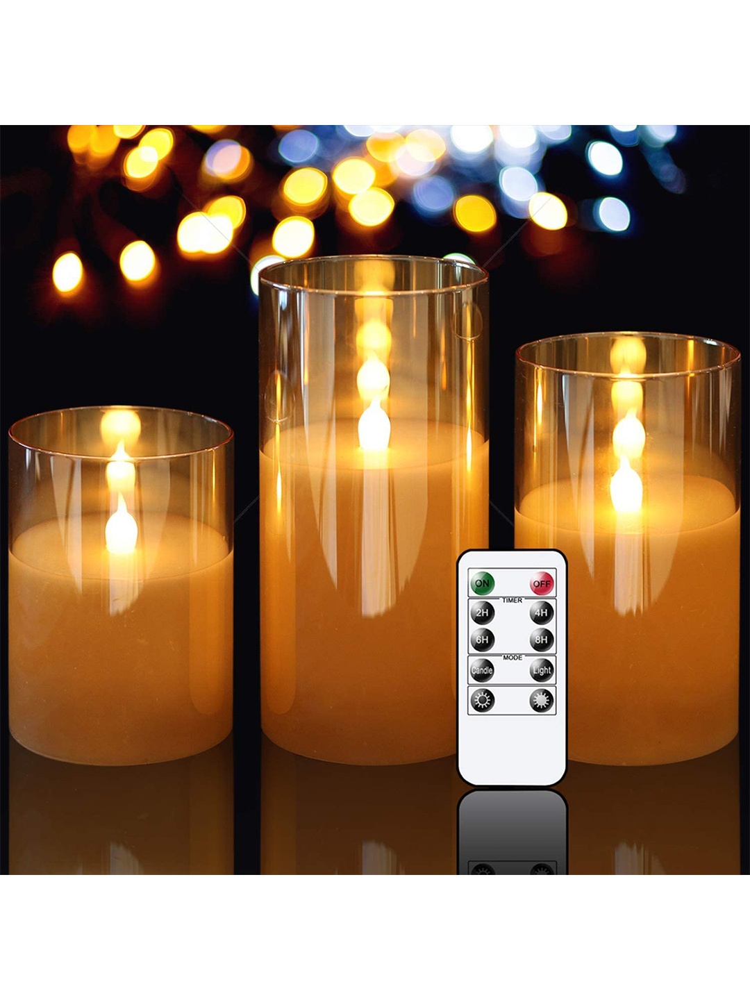 

XERGY Set of 3 Gold Glass Battery Operated Flameless Candles With 10-Key Remote and Timer